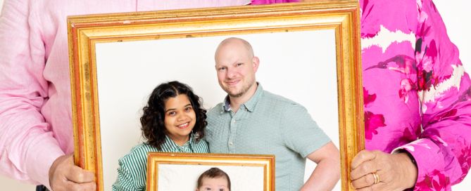 Three generations of one family joined together digitally in one picture frame themed image