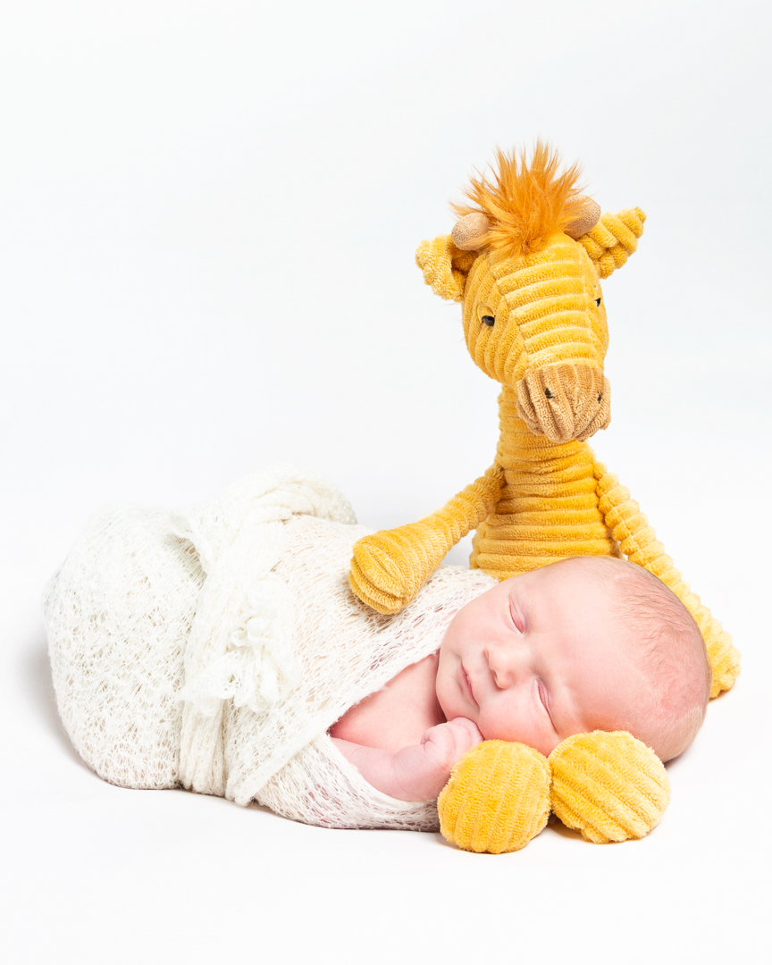 a newborn sleeps swaddled with the legs of a toy giraffe as a pillow