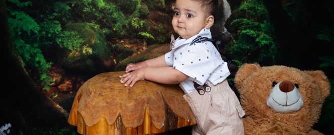 a little boy poses in a woodland set up surrounded by tedeies having a picnic