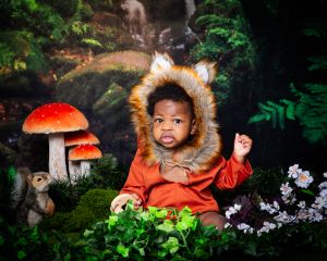 a little boy in a fox outfit poses at a photo shoot in a woodland scene
