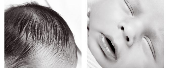 A grid of newborn detailed close up shots in black and white