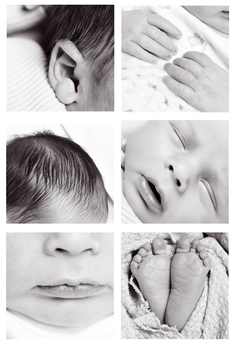 A grid of newborn detailed close up shots in black and white