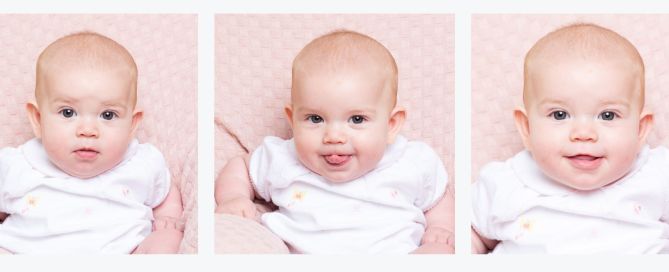 three pictures of a baby girl pulling different faces