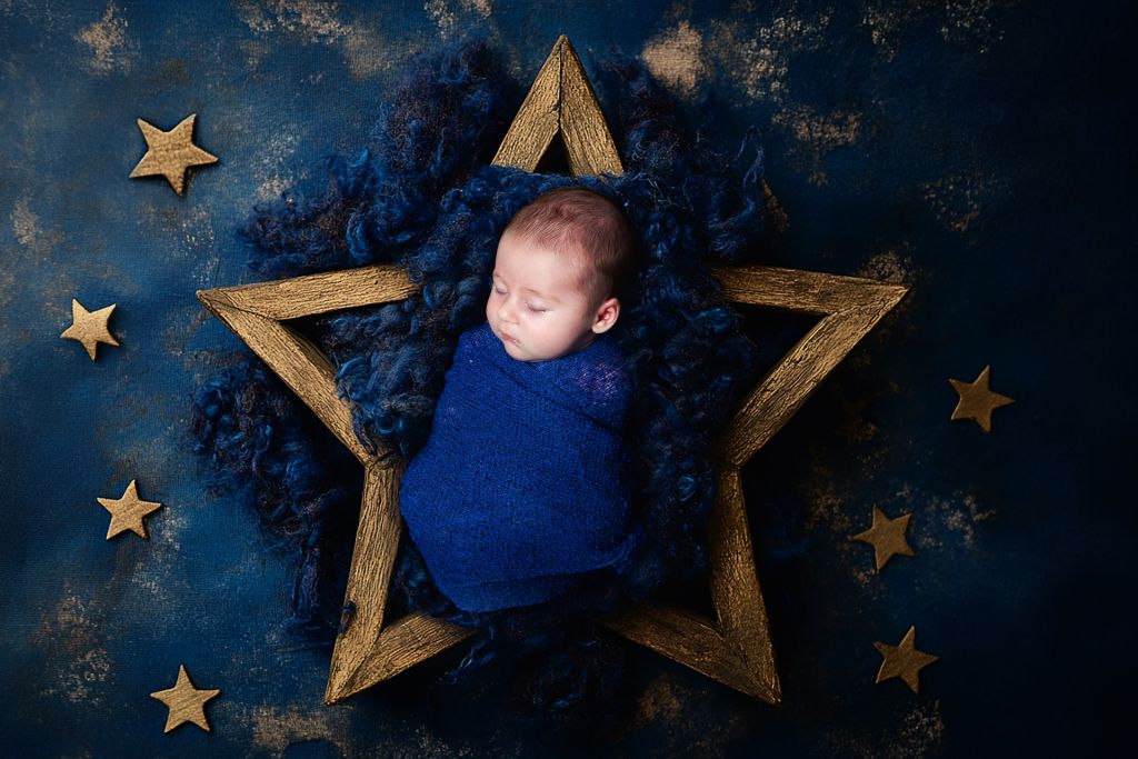 Newborn baby sleeping swaddled in dark blue against a starry sky backdrop