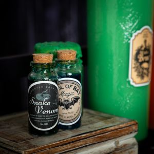 A close of up potion bottles at my Halloween Witches' Cafe set in West Sussex