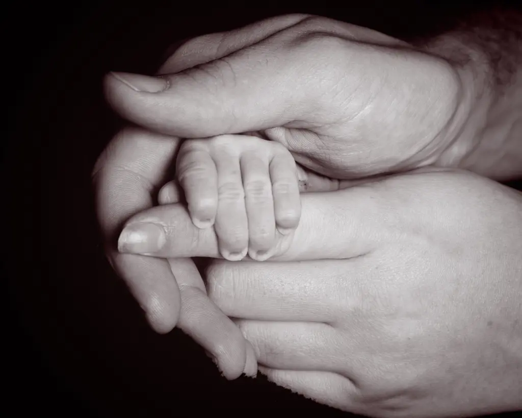 A black and white image of a parents hand holding their newborn's fingers