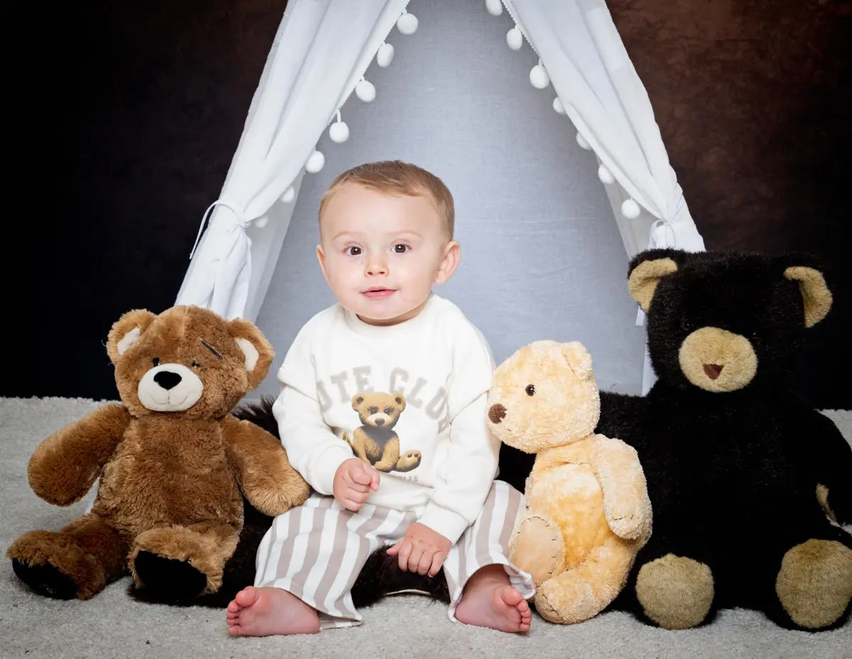 a little boy poses with teddy bears in a matching bear jumper