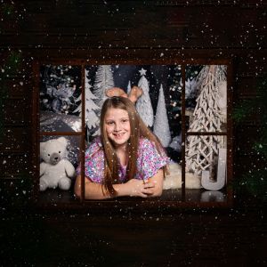 Digital Christmas image of looking through a festive window frame square