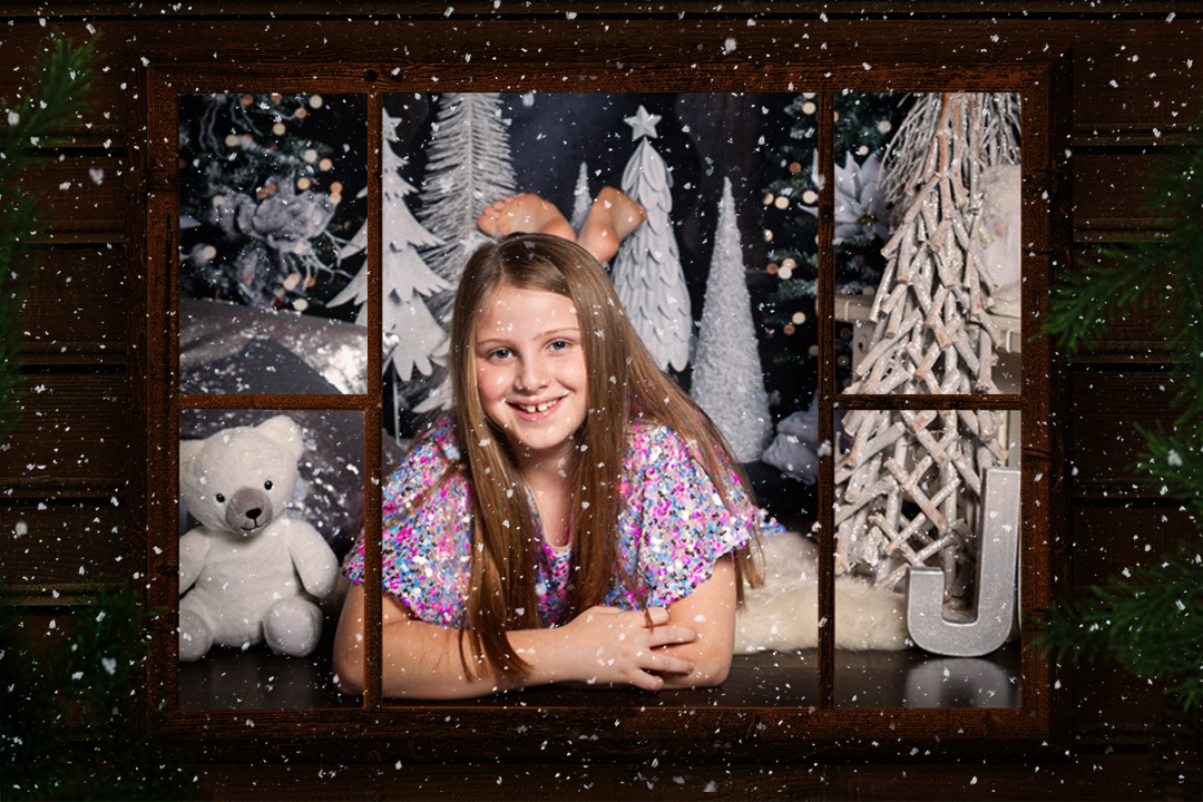Digital Christmas image of looking through a festive window frame