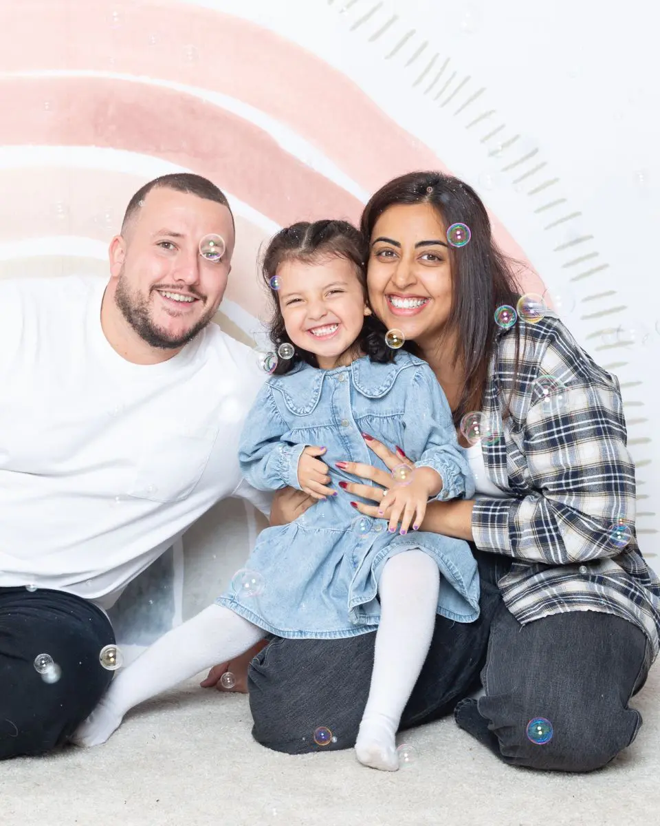 A family pose in the studio for a bubble photo recreation