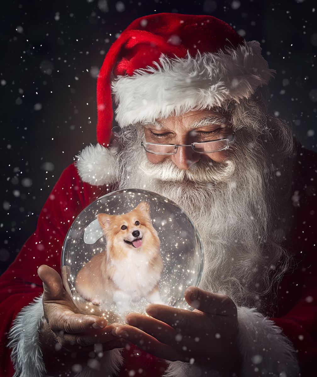 A fluffy corgi in a snowglobe being held by Santa Claus