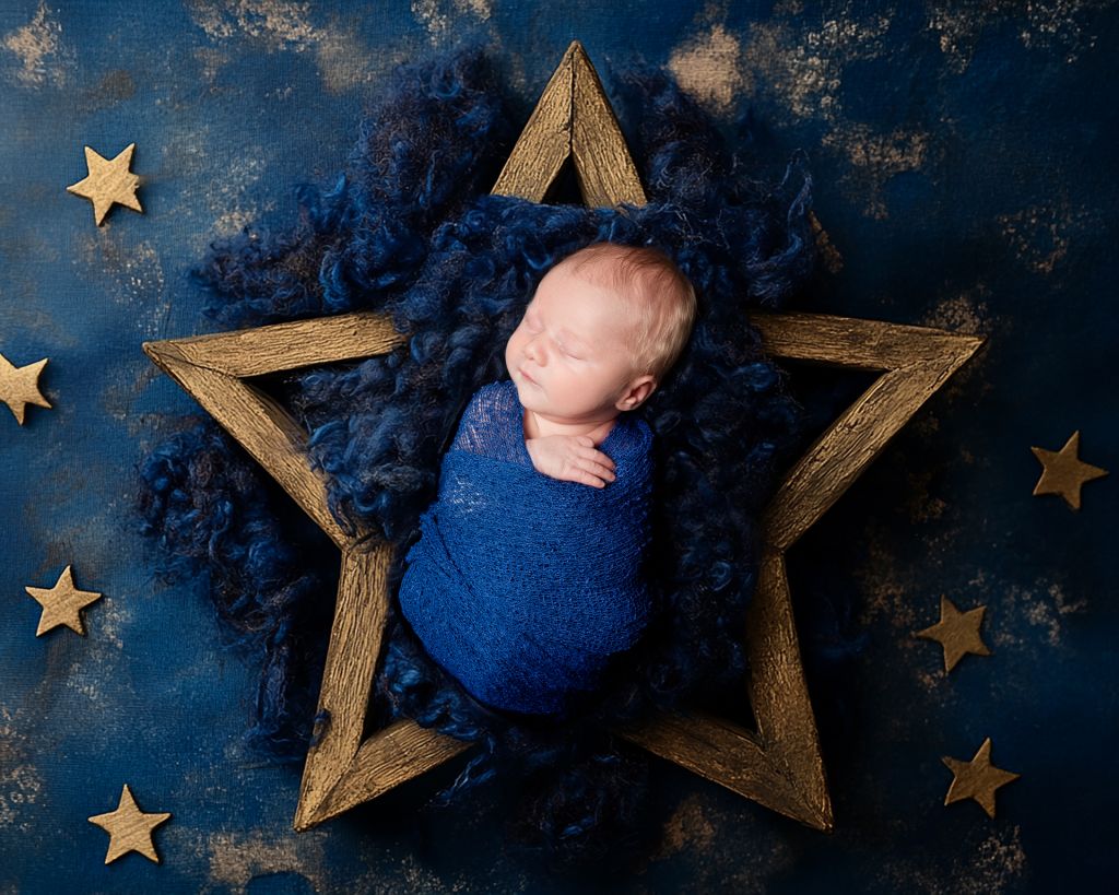 A sleeping newborn wrapped in a blue swaddle posed in a star shaped bowl
