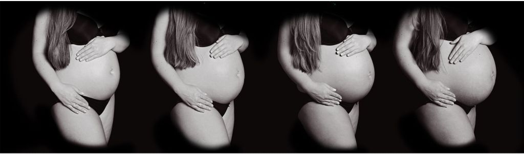 a black and white composite image of a pregnant lady as the months progress
