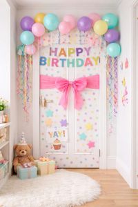 a child's bedroom door decorated to celebrate their birthday
