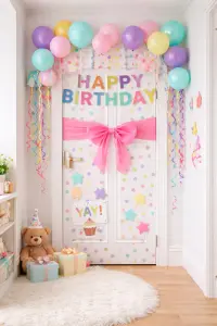 a child's bedroom door decorated to celebrate their birthday