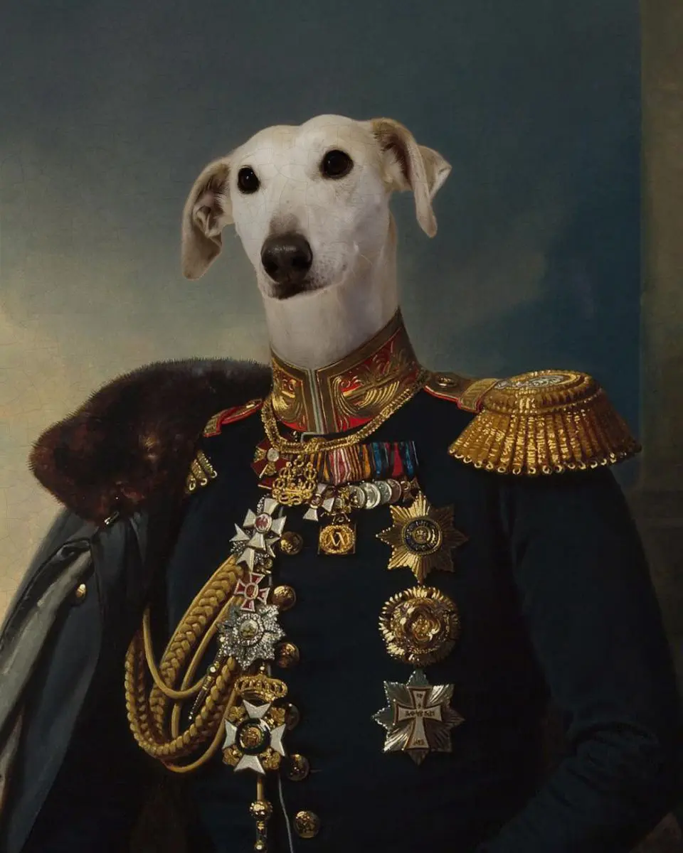 A greyhound dressed in historical military uniform