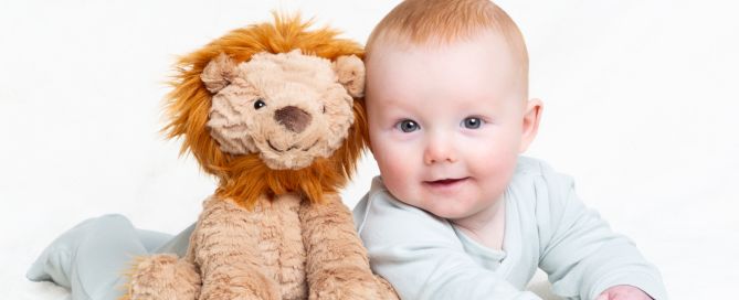a little boy lies on his tummy posing next to his toy lion at a photo shoot