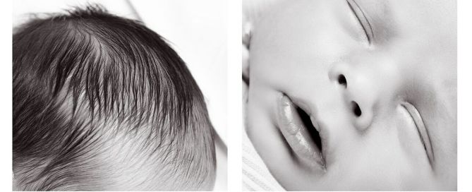 a collage image in black and white of newborn details