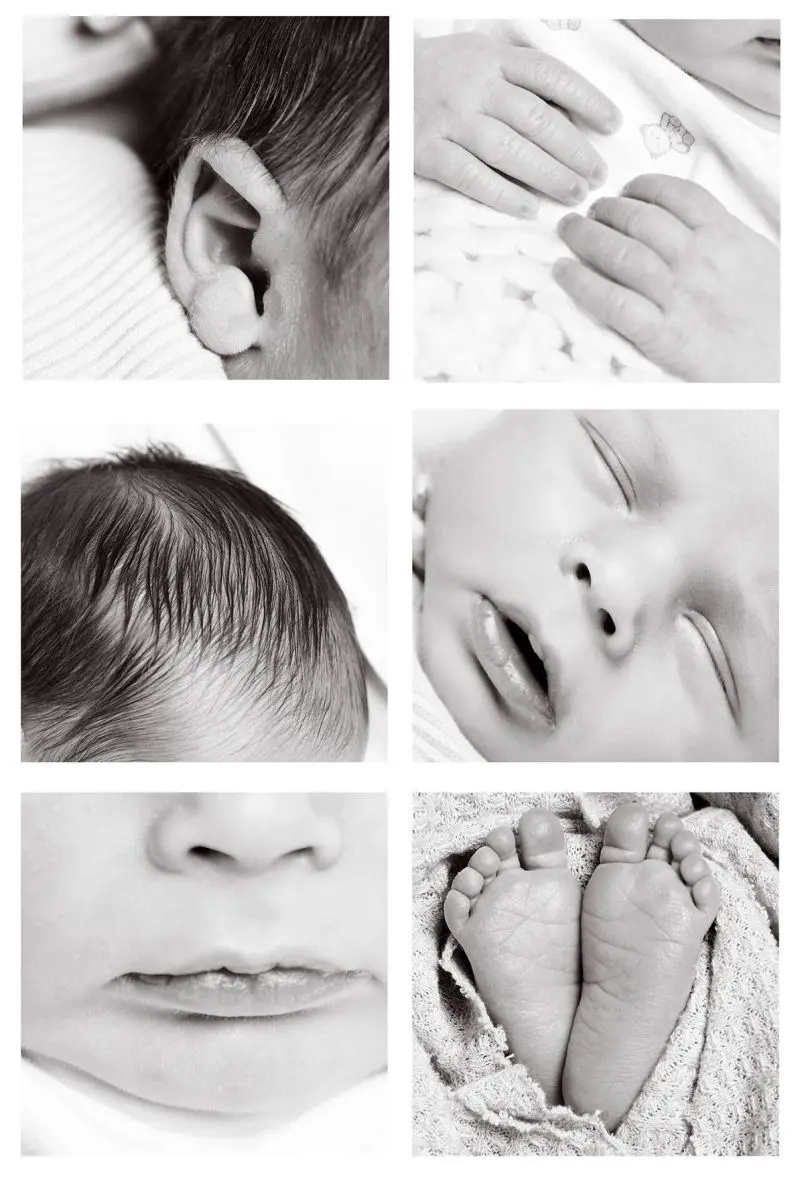 a collage image in black and white of newborn details