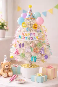 a mini white tree decorated for a child's birthday