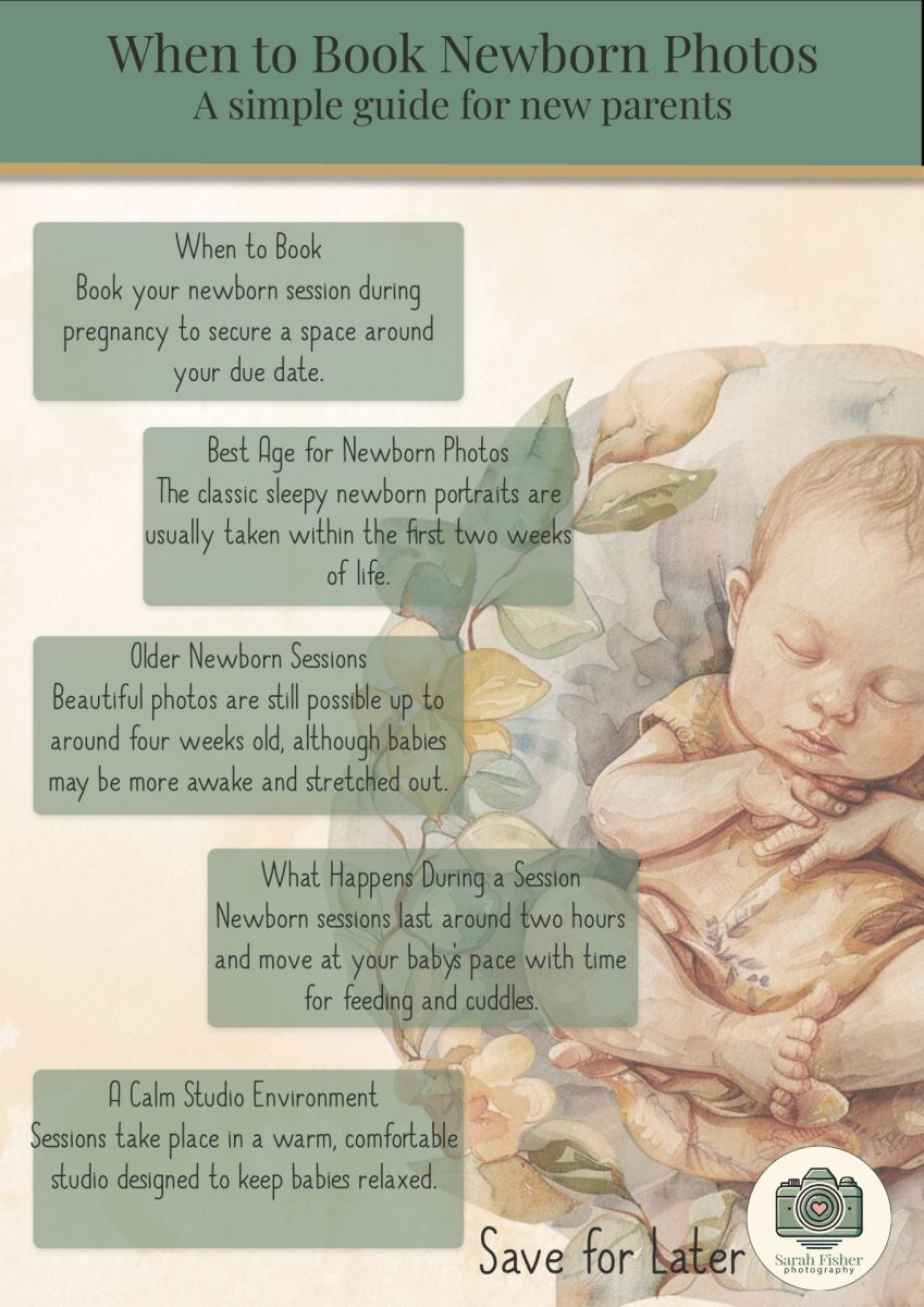 newborn photography guide explaining when to book newborn photos and what happens during a newborn session
