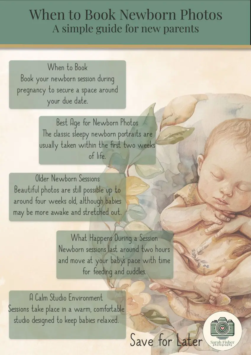 newborn photography guide explaining when to book newborn photos and what happens during a newborn session