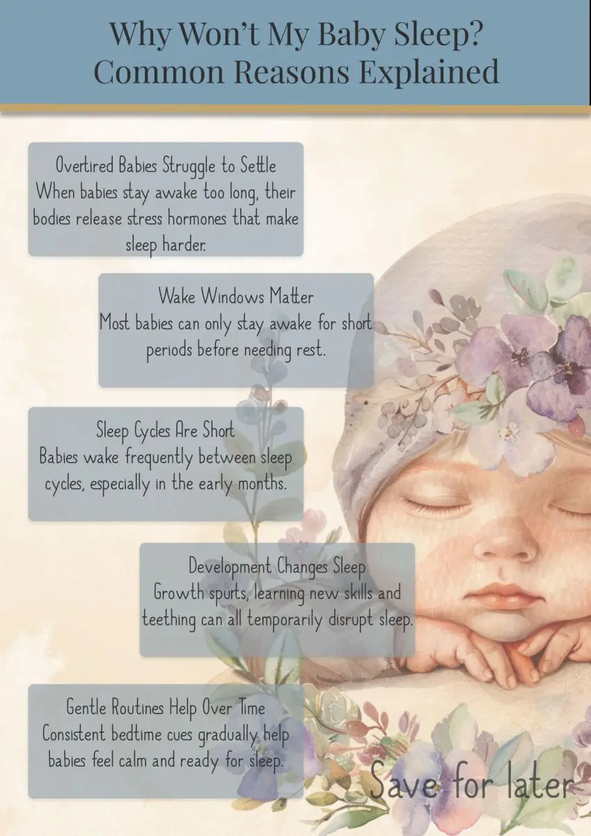 guide explaining five common reasons why babies don't sleep