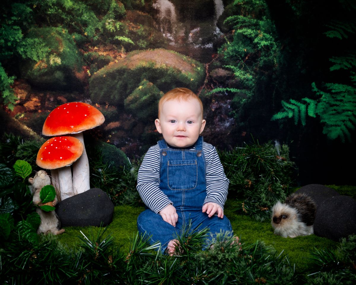 a little boy in dungarees at a woodland themed set photo shoot