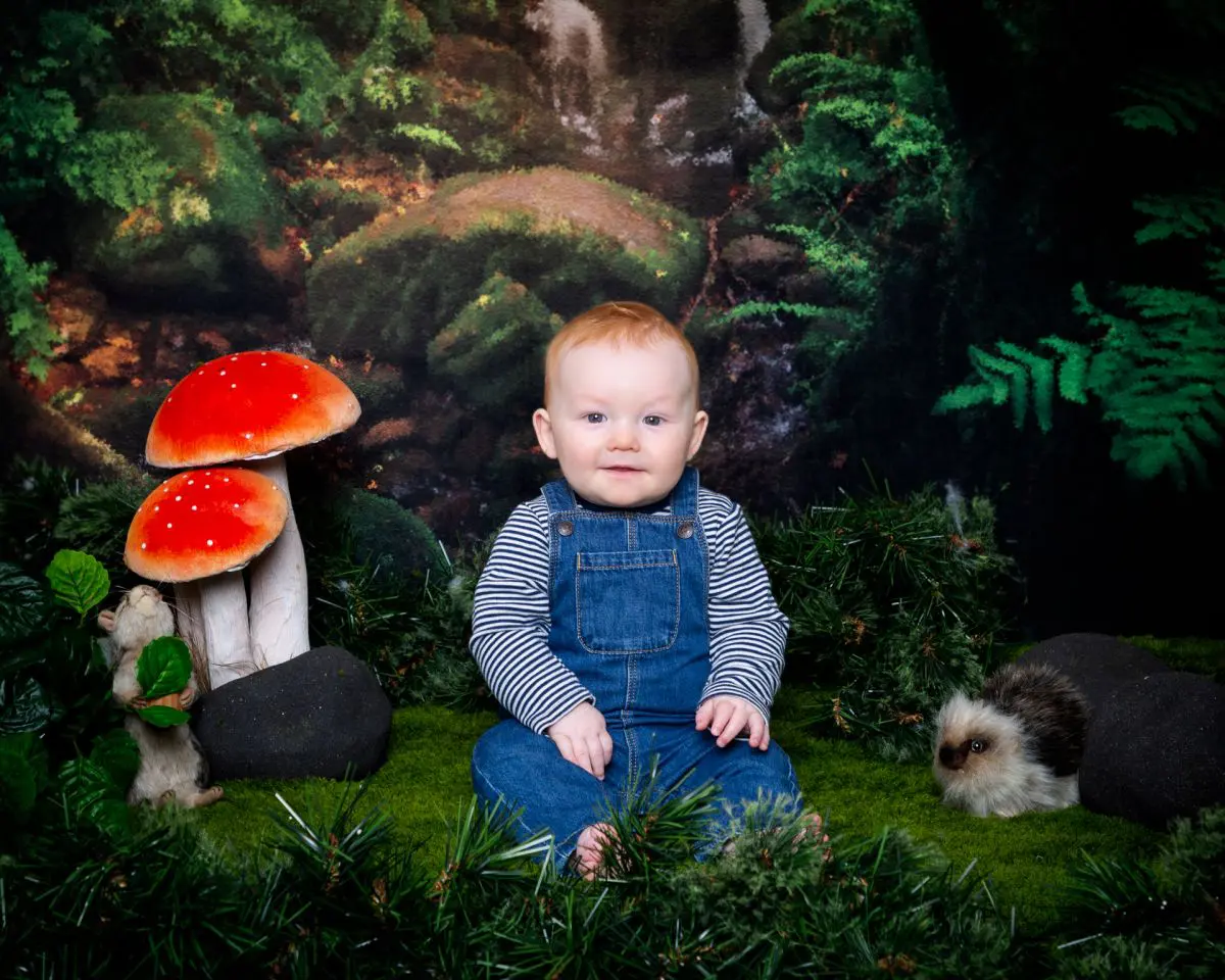 a little boy in dungarees at a woodland themed set photo shoot