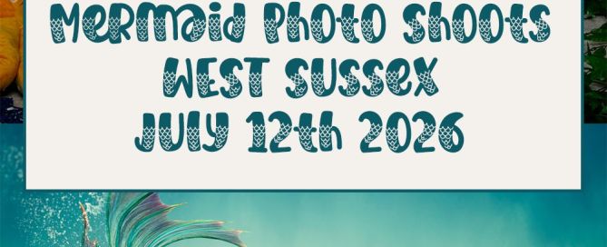 a poster graphic for mermaid photo shoots taking place in west sussex