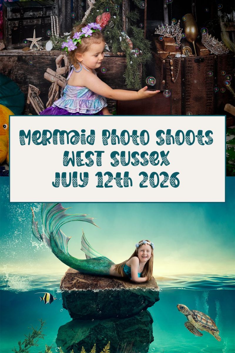 a poster graphic for mermaid photo shoots taking place in west sussex