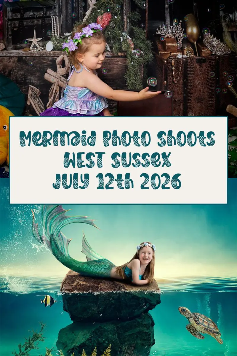 a poster graphic for mermaid photo shoots taking place in west sussex