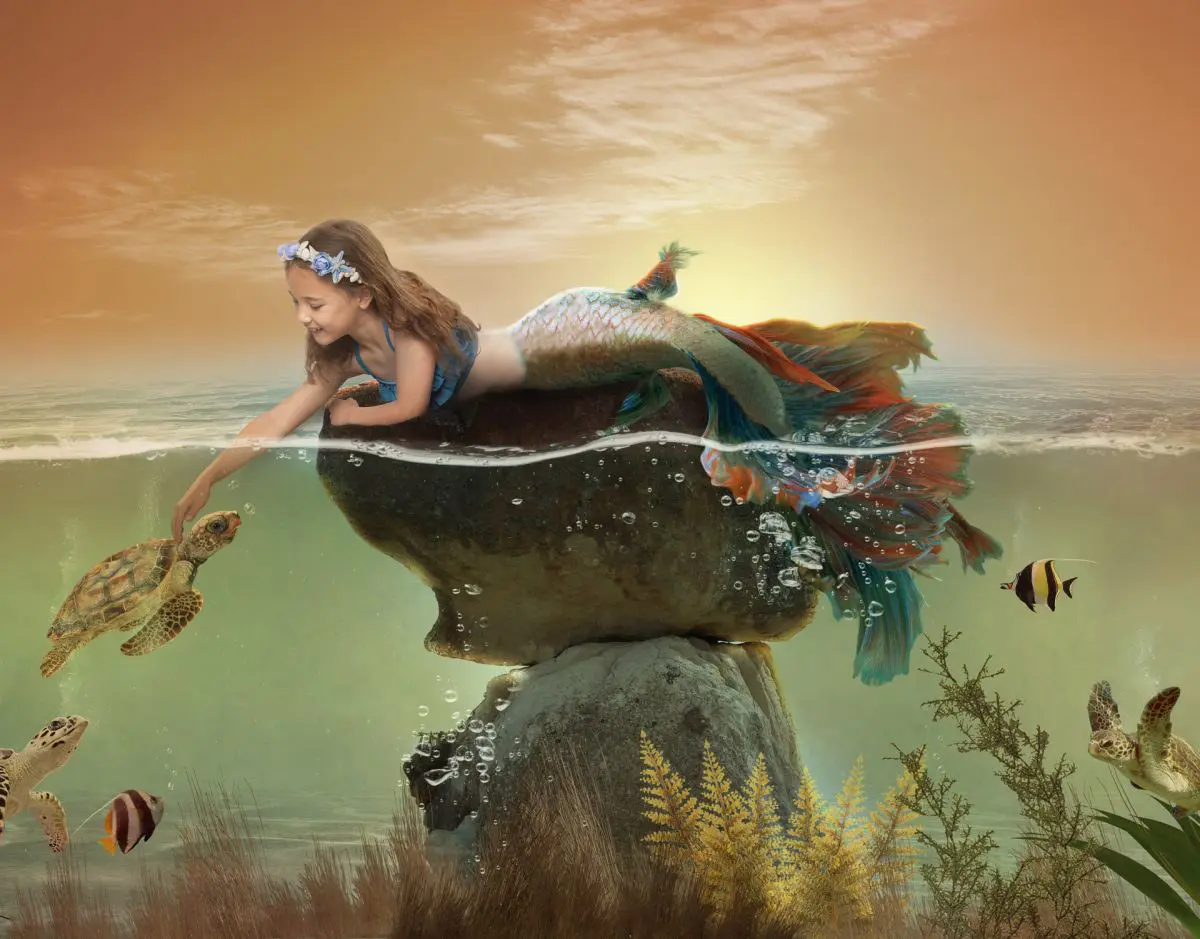 a digital piece of art where a little girl in mermaid form reaches to et a turtle