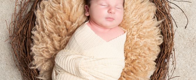 a baby sleeps swaddled in a nest with a beige fluffy blanket
