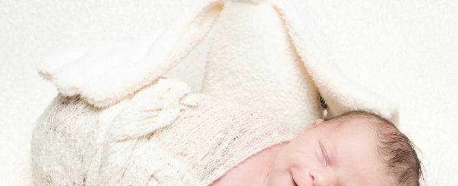 a swaddled newborn smiles in his sleep with his favourite goose toy behind him