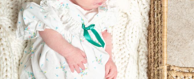 a newborn baby sleeping in a moses basket in a vintage dress