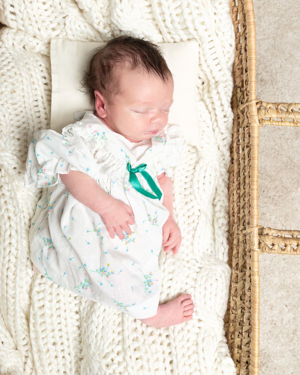 a newborn baby sleeping in a moses basket in a vintage dress