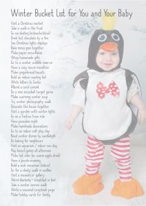 a little boy dressed as a penguin and a winter bucket list